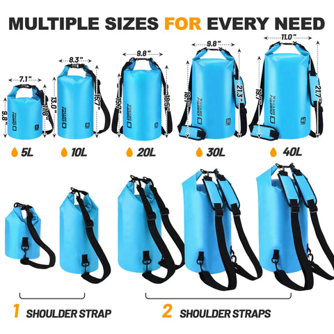 Roll Top Waterproof Dry Bag 5L 10L 20L 30L 40L with Free Waterproof Phone Case, showcasing sizes and straps display.