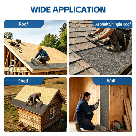 Wide application of Straight Up Reliable Asphalt Saturated Roofing Tar Paper Small Roll on roof, shed, and wall installations.