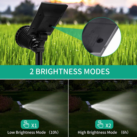 Two In One Solar Spot Lights Outdoor Waterproof 2 brightness modes showing low and high with grass background