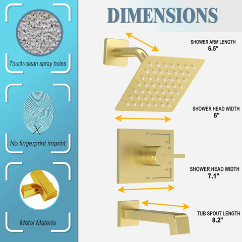 All In One Bathtub And Shower System In Brushed Nickel, Includes 4 Inch Shower Head, 6 Inch Shower Arm, Brass Mixer Valve, 304 Stainless Tub Spout, 1/2 Inch NPT Connections, Standard US Plumbing, Complete Shower Faucet Kit dimensions