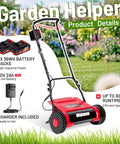 Cordless Electric Reel Lawn Mower With Two 36Wh Batteries And Dual Power 16 Inch Push Mower For Small To Medium Yards Gardens And Golf Greens No Gas Needed Easy Start Quiet Operation, red reel mower with charger