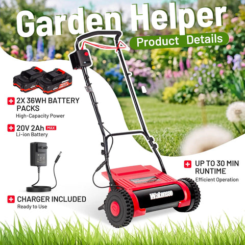 Cordless Electric Reel Lawn Mower With Two 36Wh Batteries And Dual Power 16 Inch Push Mower For Small To Medium Yards Gardens And Golf Greens No Gas Needed Easy Start Quiet Operation, red reel mower with charger