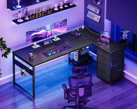 L Shaped Gaming Desk With Four Drawers And Power Outlets For Home Office 61 Inch Corner Desk With USB Charging Port setup view