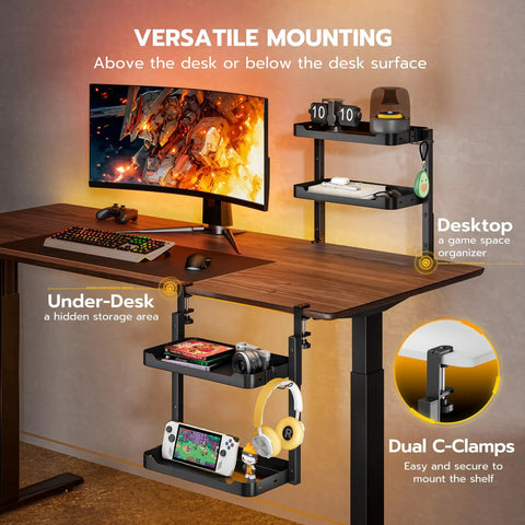 2 Tier Clamp On Desk Shelf 16 Inch Wide Adjustable Above Or Under Desk Storage Holds 66 Lbs Heavy Duty Desktop Organizer With Built In Headphone Holder for gaming setup and office gear, black, shown in office setup with multiple devices