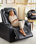 Woman enjoying Power Recliner Chair With USB Ports And Cup Holders For Home Theater Vibes And Cozy Movie Nights In Overstuffed PU Leather Electric Seating with leg rest extended