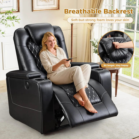 Woman enjoying Power Recliner Chair With USB Ports And Cup Holders For Home Theater Vibes And Cozy Movie Nights In Overstuffed PU Leather Electric Seating with leg rest extended