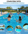 Inground Pool Volleyball Net Set With 26 Ft Adjustable Length, 3 Height Options, Durable Aluminum Poles shown in pool setup