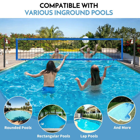 Inground Pool Volleyball Net Set With 26 Ft Adjustable Length, 3 Height Options, Durable Aluminum Poles shown in pool setup