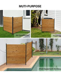 Outdoor Privacy Screen No Dig Wood Garden Fence With Iron Frame, Weatherproof Two Panel Enclosure near AC and trash cans