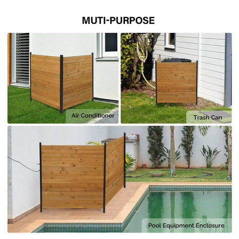 Outdoor Privacy Screen No Dig Wood Garden Fence With Iron Frame, Weatherproof Two Panel Enclosure near AC and trash cans