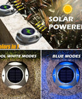 Wireless Solar Deck Lights Outdoor LED Pathway Markers 12 Pack with Cool White and Blue modes on a stone surface and grass