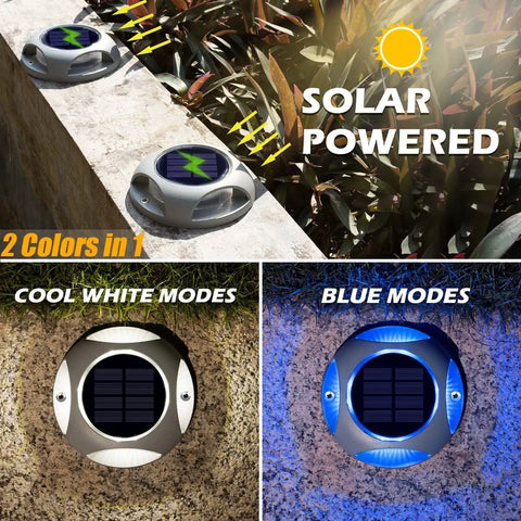 Wireless Solar Deck Lights Outdoor LED Pathway Markers 12 Pack with Cool White and Blue modes on a stone surface and grass