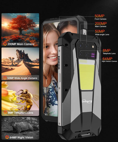 Badass Rugged Smartphone With 5G And Knockout 23800mAh Battery Running Android 15 showing multiple cameras and sturdy design.