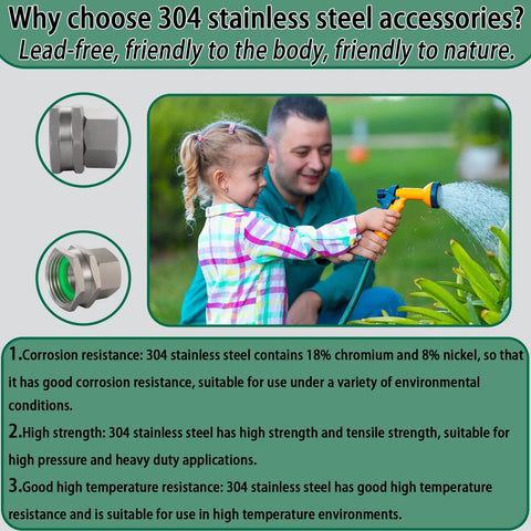 Heavy Duty 304 Stainless Steel Female to Female Garden Hose Adapter 3/4 GHT to 1/2 NPT Fitting Quick Swivel Connector Double Hose Fitting Green Thumb Style Leak Free Easy Install, 304 stainless steel adapter
