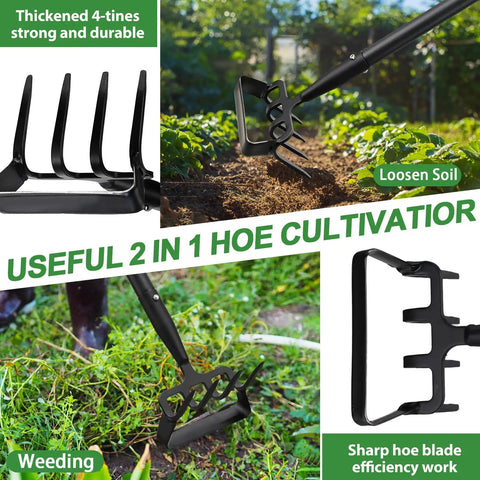2 In 1 Garden Hoe Cultivator With 62 Inch Long Handle Stirrup Weeder And Soil Loosener Heavy Duty 4 Prong Tiller in use