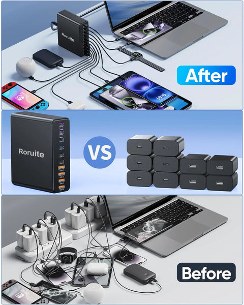 Comparison image highlighting All In One 800W USB C Charging Station With 10 Ports GaN5 PD Fast Charger versus multiple chargers.
