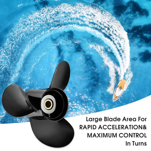 13 Inch Diameter 19 Pitch Aluminum Boat Propeller For Mercury Outboard Engines 40HP Through 150HP Right Hand Rotation 15 Spline 3 Blade Replacement Prop in water with speedboat