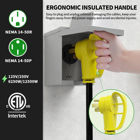 NEMA 14-50P To NEMA 14-50R 25Ft 50 Amp RV And EV Extension Cord with ergonomic insulated handle plugged into outlet, showing ETL listed certification.