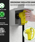 NEMA 14-50P to NEMA 14-50R 50 Amp RV and EV Extension Cord 10 Ft plugged into socket, yellow grip handle in use, side view