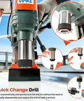 1400W Magnetic Drill Press With Six Coring Bits, 2 Inch Boring Diameter showing quick change mechanism and drill bit attachment.