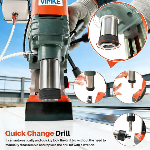 1400W Magnetic Drill Press With Six Coring Bits, 2 Inch Boring Diameter showing quick change mechanism and drill bit attachment.