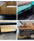 Various trailers equipped with Rock Solid Trailer Stake Pocket Brackets 12 Pack Heavy Steel Inserts For Standard 2x4 Posts And Lumber.