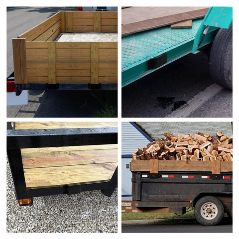 Various trailers equipped with Rock Solid Trailer Stake Pocket Brackets 12 Pack Heavy Steel Inserts For Standard 2x4 Posts And Lumber.