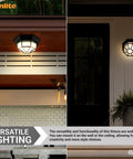 Slick 12 Inch LED Octagonal Outdoor Wall Or Ceiling Flush Mount Light With Dimmable And Selectable 3000K 4000K 5000K CCT, 17W, Black Cast Aluminum And Frosted Glass on porch and entryway at night.