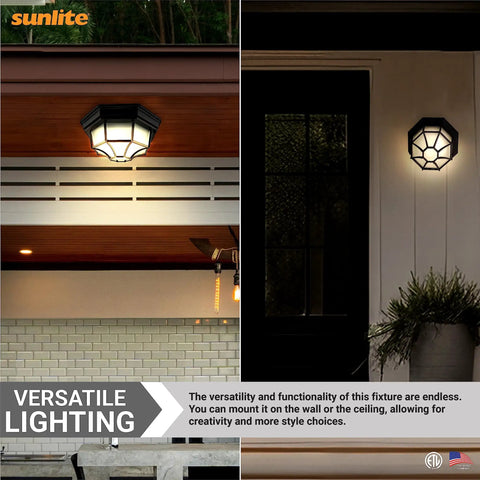 Slick 12 Inch LED Octagonal Outdoor Wall Or Ceiling Flush Mount Light With Dimmable And Selectable 3000K 4000K 5000K CCT, 17W, Black Cast Aluminum And Frosted Glass on porch and entryway at night.