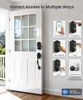 Eight In One Fingerprint Smart Door Lock With Integrated Touchscreen Keypad And Heavy Duty Zinc Alloy Handle Designed For Seamless Keyless Entry Hella Secure Matte Black Edition on a white door.