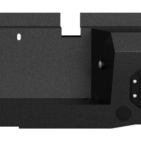 Ram 1500 rear step bumper section in textured black finish with D-ring mount and sensor hole (close-up)