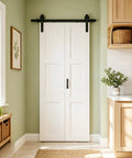 Premium Three Panel Bifold Barn Door With Heavy Duty Sliding Hardware Set And Sleek Handle in stylish kitchen setting.