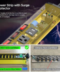 Top view of Beefy Heavy Duty Metal Power Strip With Six Outlets And Two USB Ports Up To 3.4A, Individual Switches, 1200J Surge Protector