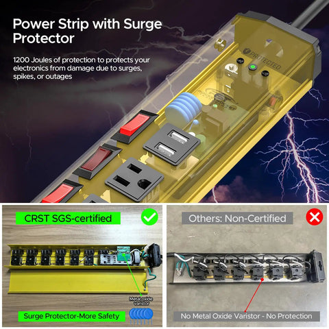 Top view of Beefy Heavy Duty Metal Power Strip With Six Outlets And Two USB Ports Up To 3.4A, Individual Switches, 1200J Surge Protector