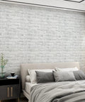 Bedroom wall with Peel And Stick Dope Faux Brick Wallpaper 17.7 By 118.1 Inches White And Gray Removable Self Adhesive Brick Wall Cover