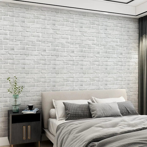 Bedroom wall with Peel And Stick Dope Faux Brick Wallpaper 17.7 By 118.1 Inches White And Gray Removable Self Adhesive Brick Wall Cover