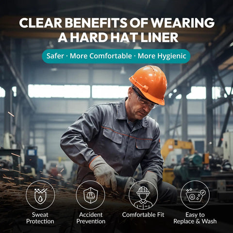 Worker wearing hard hat with Clip On Cooling Mesh Hard Hat Sweatband Integrated All Day Comfort Top Pad Set Washable Liner