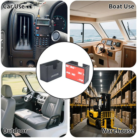 Universal Adhesive CB Microphone Mount For Cars Trucks And Boats Ham Radio Speaker Holder displayed in various settings