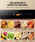 Image showing control panel and dehydrated foods of Six Tray Stainless Steel Food Dehydrator With 400W Power, Adjustable Temperature, And 24 Hour Timer.