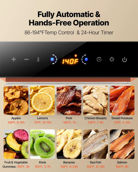 Image showing control panel and dehydrated foods of Six Tray Stainless Steel Food Dehydrator With 400W Power, Adjustable Temperature, And 24 Hour Timer.