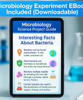 Hands On Microbiology Science Kit For Students With Ten Pre Poured Agar Plates And Cotton Tipped Sticks Learn Microbiology At Home Or In Class With Easy To Follow Instructions An Educational Experiment Guide And Ebook shown on a tablet with bacteria facts.