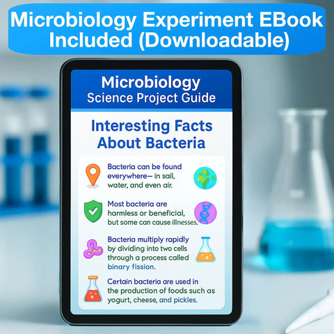 Hands On Microbiology Science Kit For Students With Ten Pre Poured Agar Plates And Cotton Tipped Sticks Learn Microbiology At Home Or In Class With Easy To Follow Instructions An Educational Experiment Guide And Ebook shown on a tablet with bacteria facts.