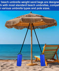 Two Pack 10L Beach Umbrella Sand Bags With 50x18 Cm Fillable Anchors attached to a beach umbrella on a sandy shore