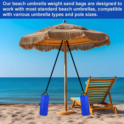 Two Pack 10L Beach Umbrella Sand Bags With 50x18 Cm Fillable Anchors attached to a beach umbrella on a sandy shore