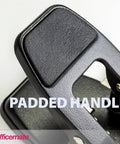 Close-up of 2 Hole Padded Punch for Office Use with ergonomic black padded handle, medium duty, showing textured grip.