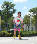 Child roller skating wearing Kids 3 In 1 Protective Gear Set with pink knee pads, elbow pads, and wrist guards, outdoor setting