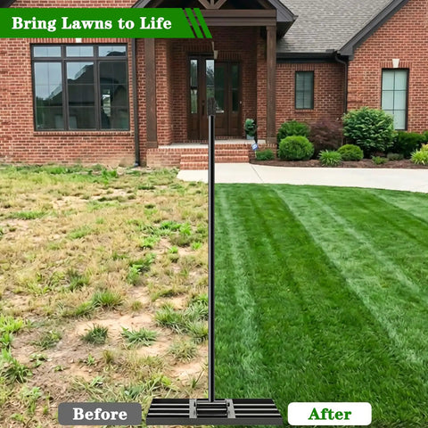 Beefy Heavy Duty Lawn Leveling Rake 17 By 10 Inch Stainless Steel Landscape Rake in front of a lawn with before and after view
