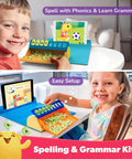 Children using Junior Genius Pack 3-In-1 STEM Learning Kit With Word Wiz Mission Math And Connecto-Tech Powered Educational Toys For Kids Ages 4 To 10 Gift For Boys And Girls Tablet Not Included, playing spelling games with tablet placed on colorful gamepad.