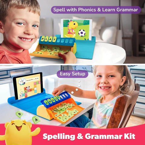 Children using Junior Genius Pack 3-In-1 STEM Learning Kit With Word Wiz Mission Math And Connecto-Tech Powered Educational Toys For Kids Ages 4 To 10 Gift For Boys And Girls Tablet Not Included, playing spelling games with tablet placed on colorful gamepad.