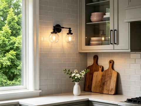 Industrial Black Wall Sconce Hardwired Double Light With 5.9 Inch Glass Globe Lampshade in a modern kitchen setting.